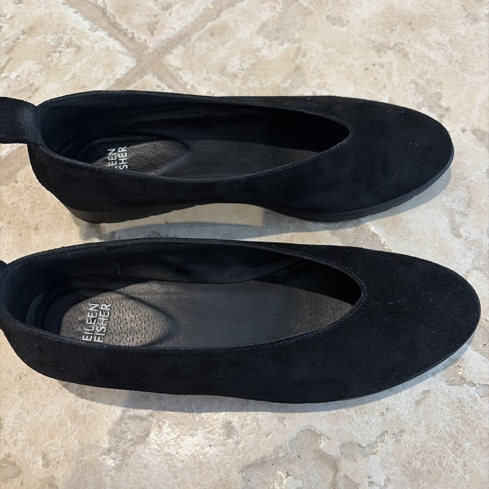 Eileen Fisher Black Stretch Grosgrain Leather V Cut Canoe Hidden Wedge Flats 9